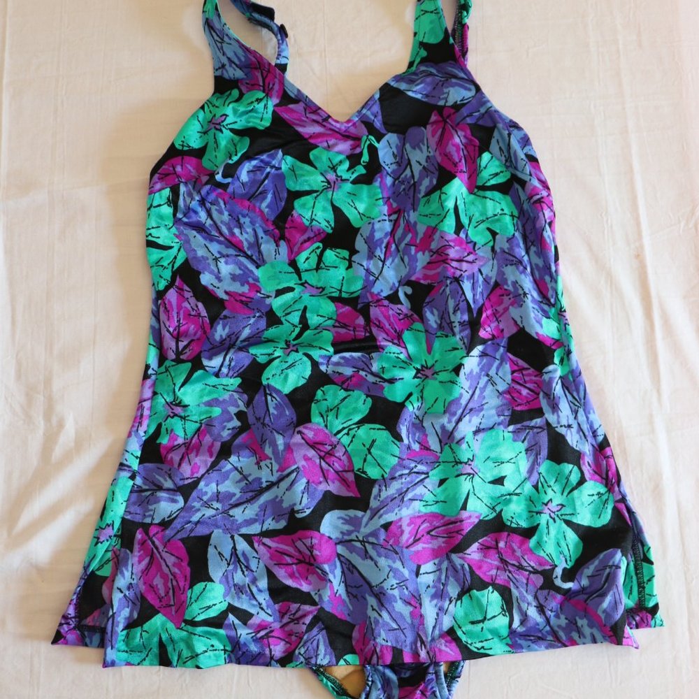 Vintage MAXINE OF HOLLYWOOD Floral Swim dress 14 One Piece Purple Black